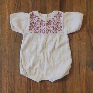 Louise Louise Cream Muslin European Baby Romper with Mauve Embroidery